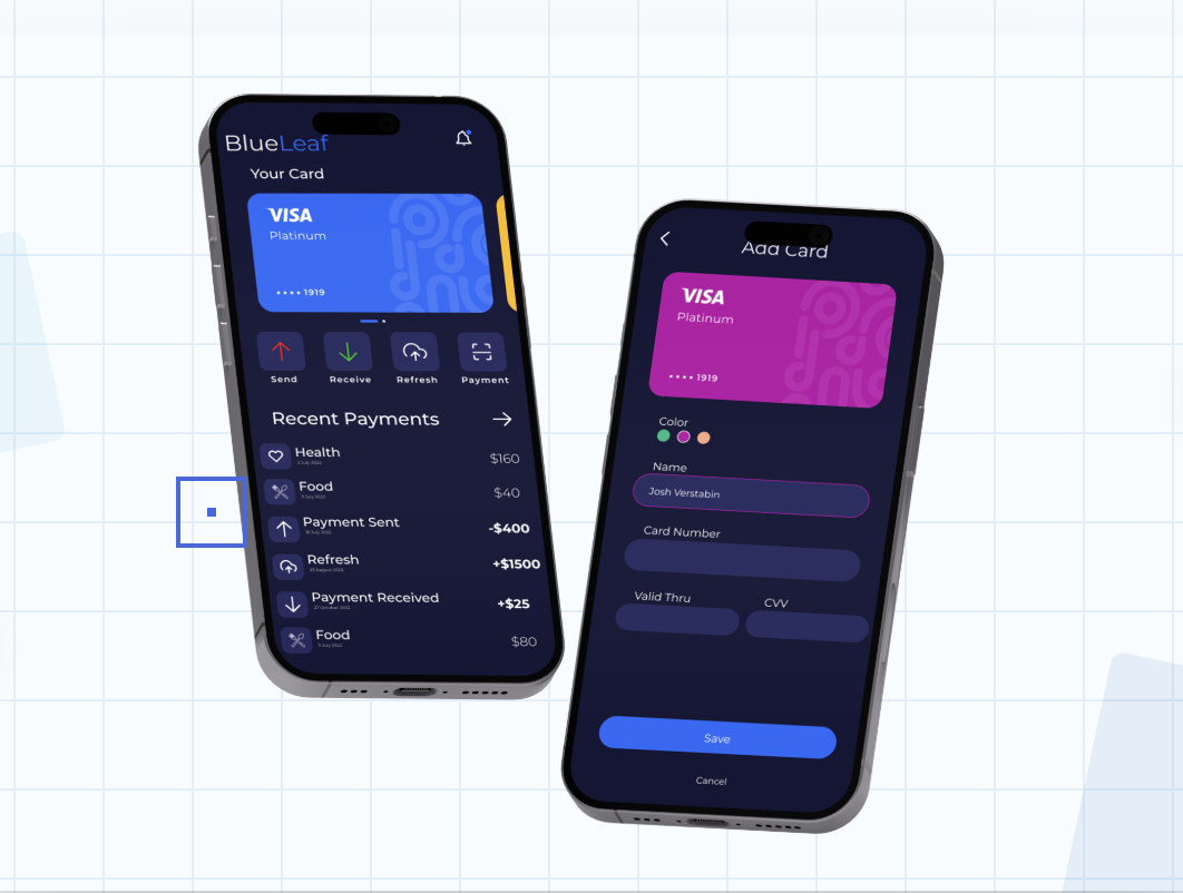 BlueLeaf — Mobile banking UI design preview